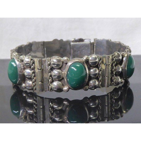 Vintage Mexican Sterling Silver Bracelet With Green Stones By Del Rio - Picture 1 of 9